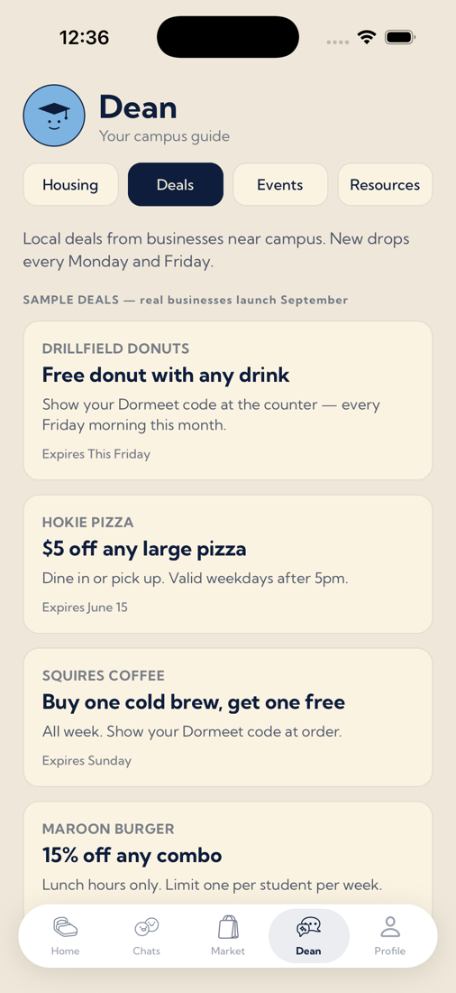 Dean, your campus hub in the Dormeet app