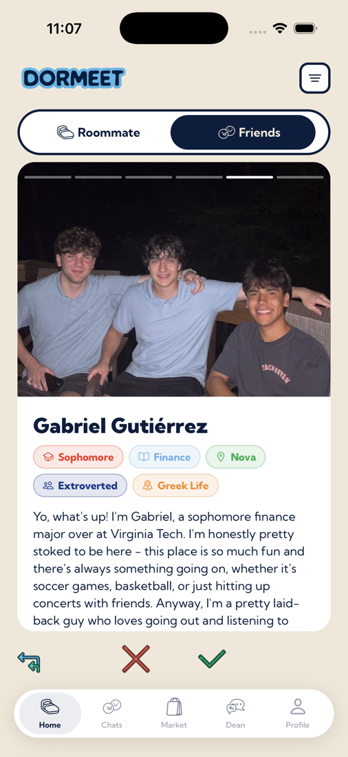 Friends in the Dormeet app
